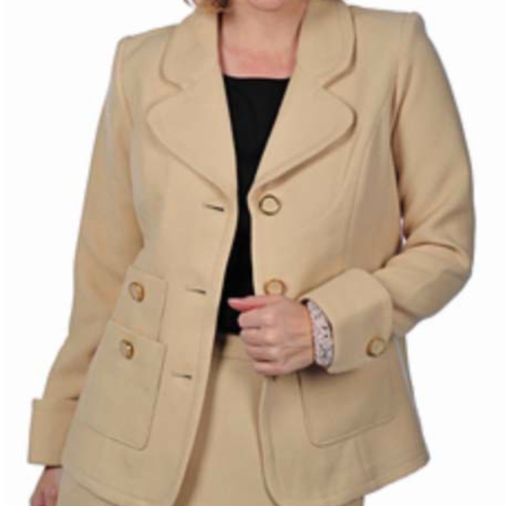 JACKET, KNIT, JOAN RIVERS, KHAKI, SZ 3X, NOTCH COLLAR, 3 POCKETS, FULLY LINED,